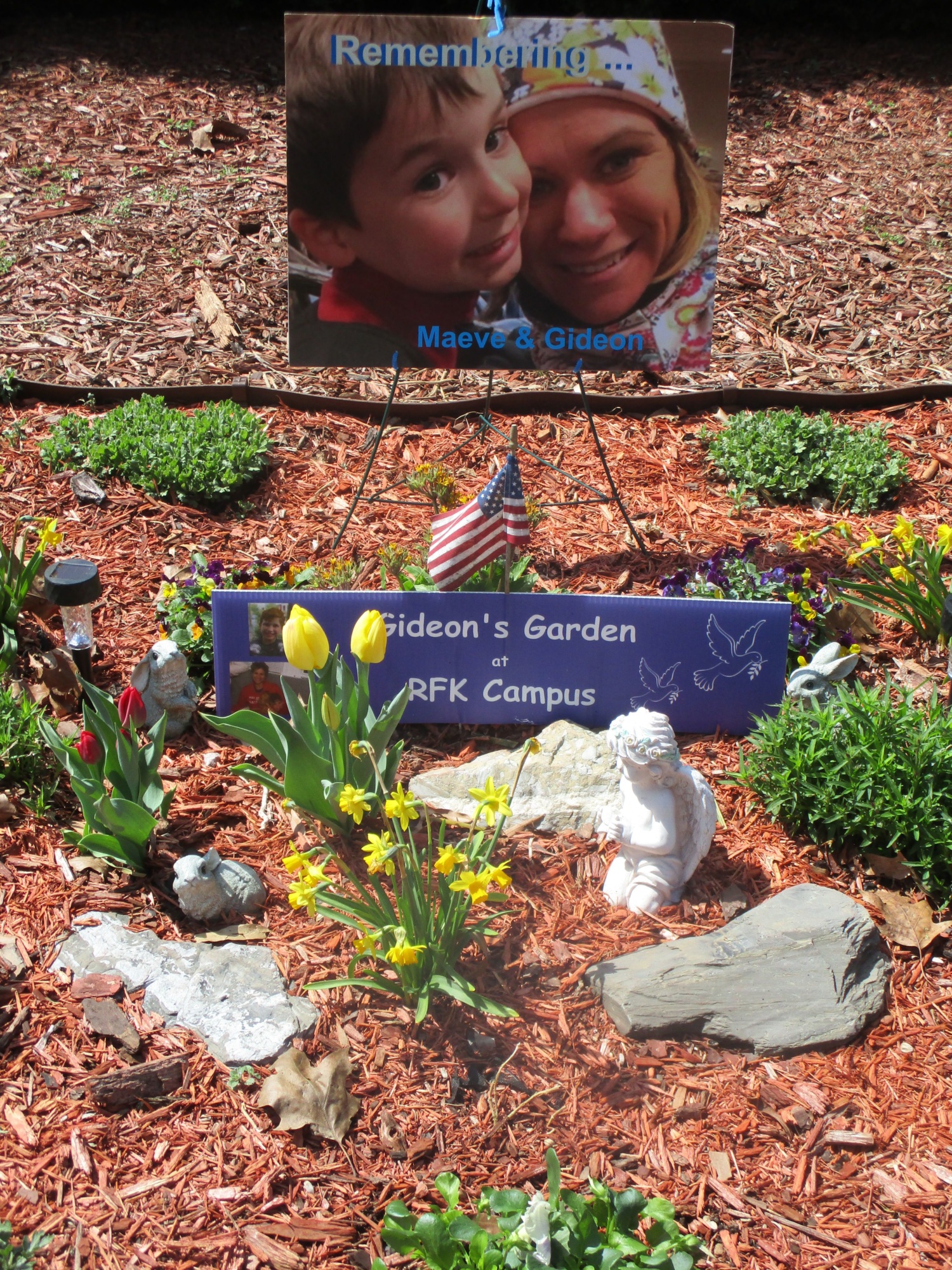 Gideon's Garden at RFK Stadium - photo of flowers and image of Gideon and Maeve